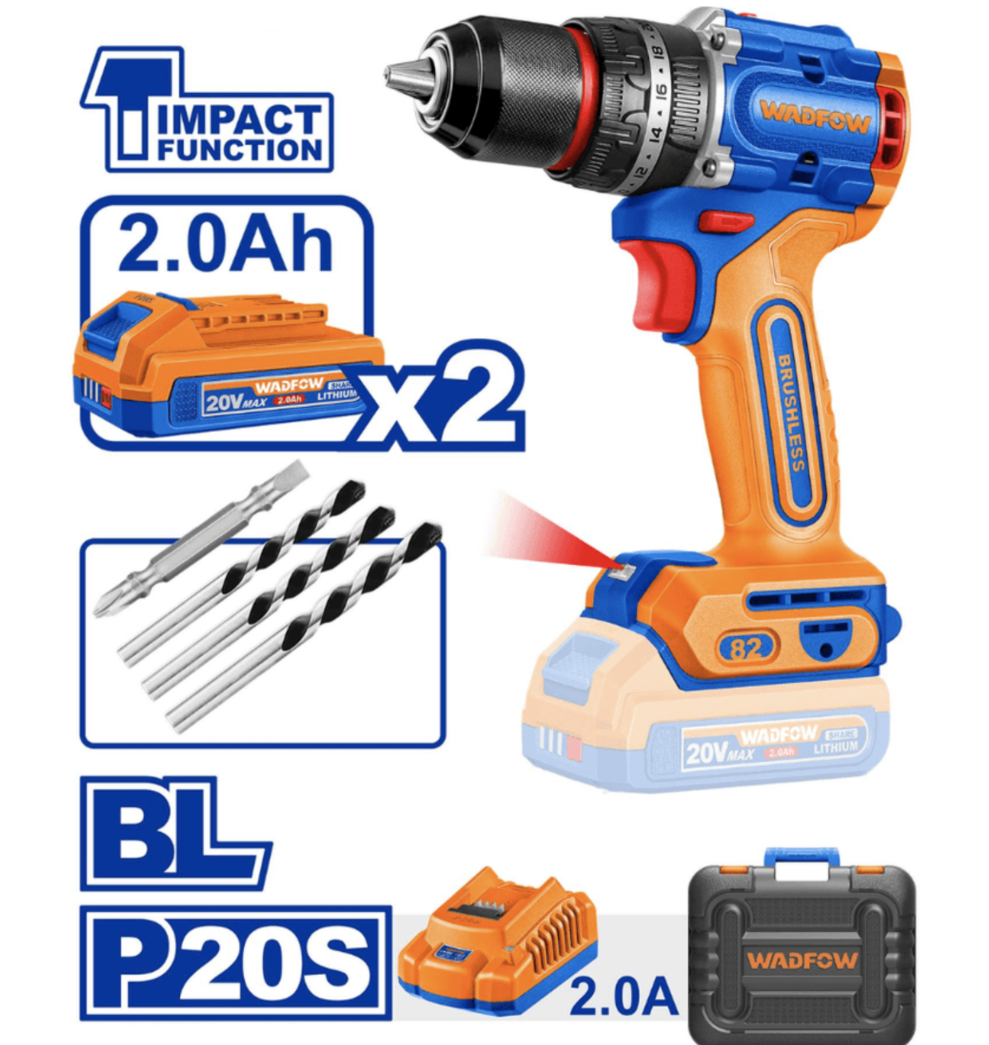 Perceuse à Percussion Sans Fil 20V Brushless WADFOW – 82 Nm avec 2 Batteries 2.0Ah – Boncoin Tools Maroc