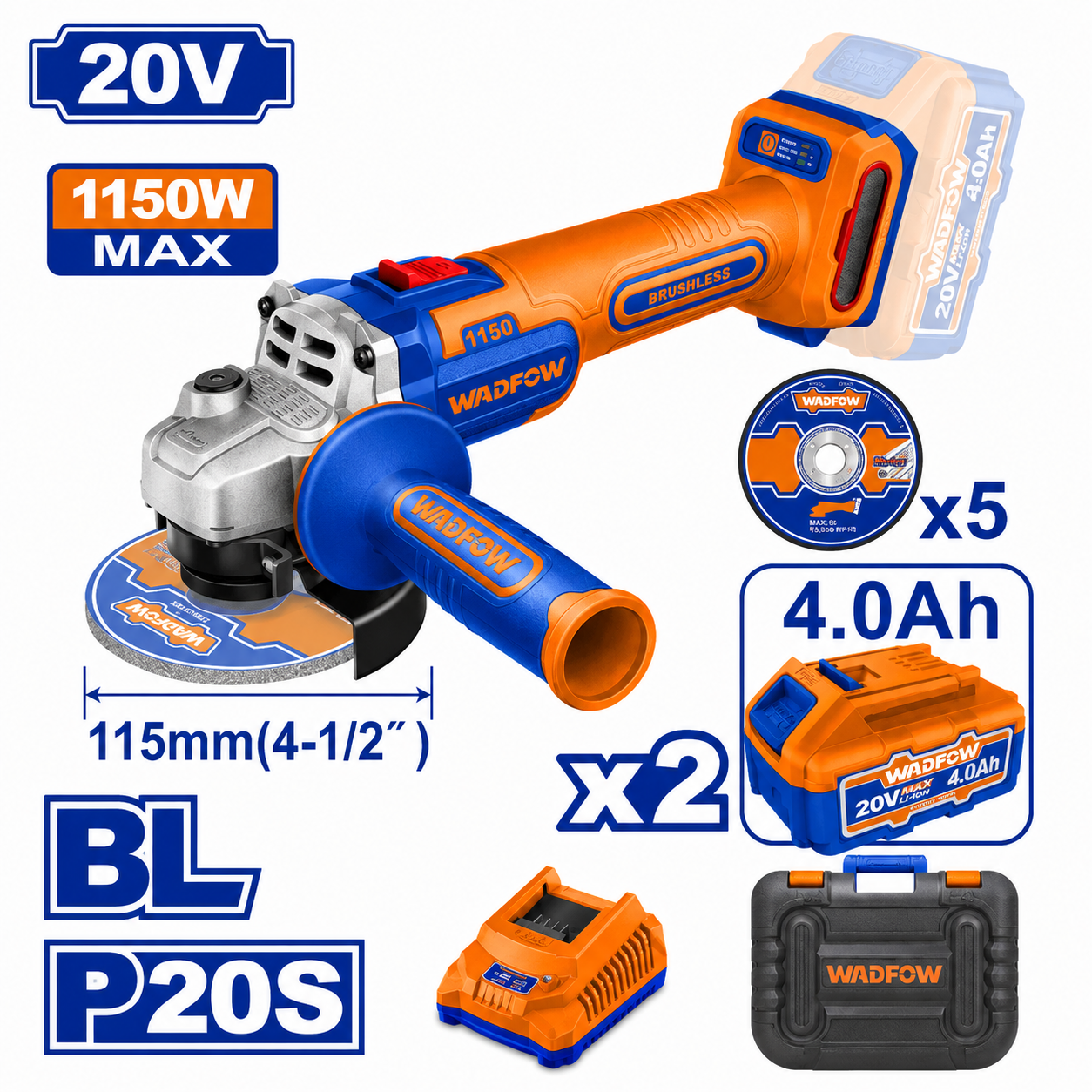 Meuleuse d’Angle 1150W Sans Fil 20V WADFOW – Boncoin Tools Maroc