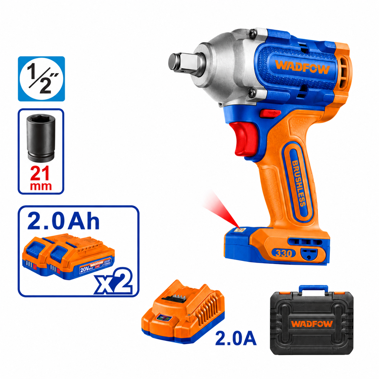 Clé à Chocs Sans Fil 20V Brushless – 330 Nm avec 2 Batteries 2.0Ah WADFOW – Boncoin Tools Maroc
