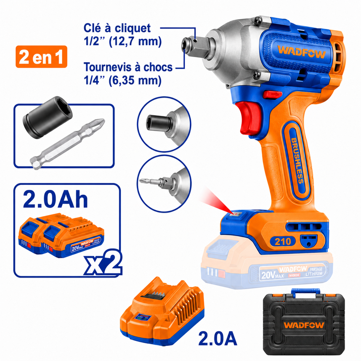 Clé à Chocs & Visseuse à Percussion 2-en-1 Sans Fil 20 V Brushless avec 2 Batteries 2.0 Ah – WCD3B21