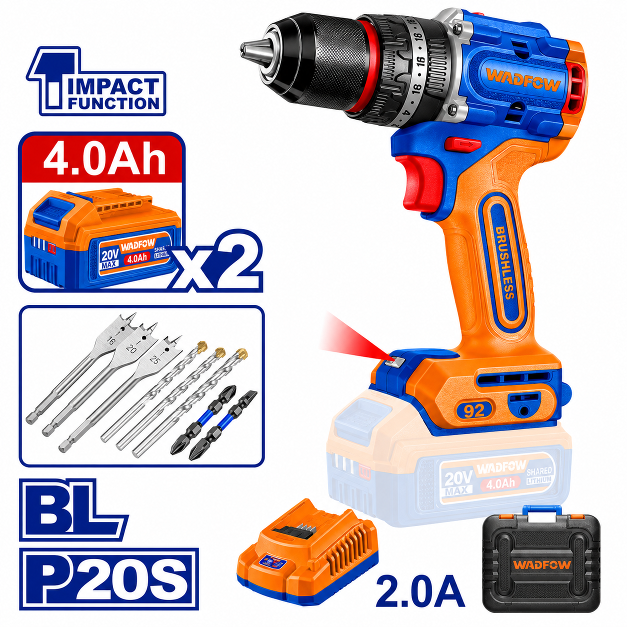 Perceuse à Percussion Sans Fil 20V Brushless WADFOW – 92 Nm avec 2 Batteries 4.0Ah et Coffret – Boncoin Tools Maroc