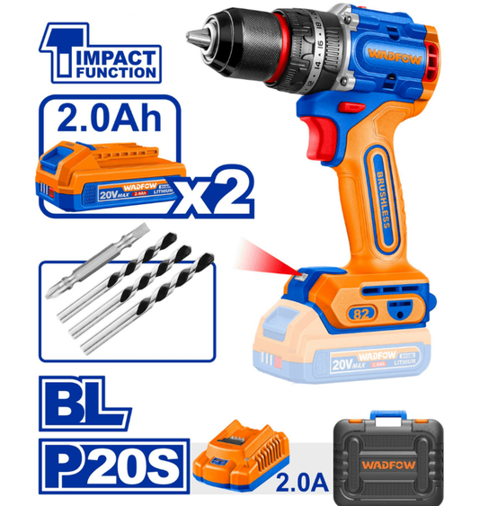 Perceuse à Percussion Sans Fil 20V Brushless WADFOW – 82 Nm avec 2 Batteries 2.0Ah – Boncoin Tools Maroc