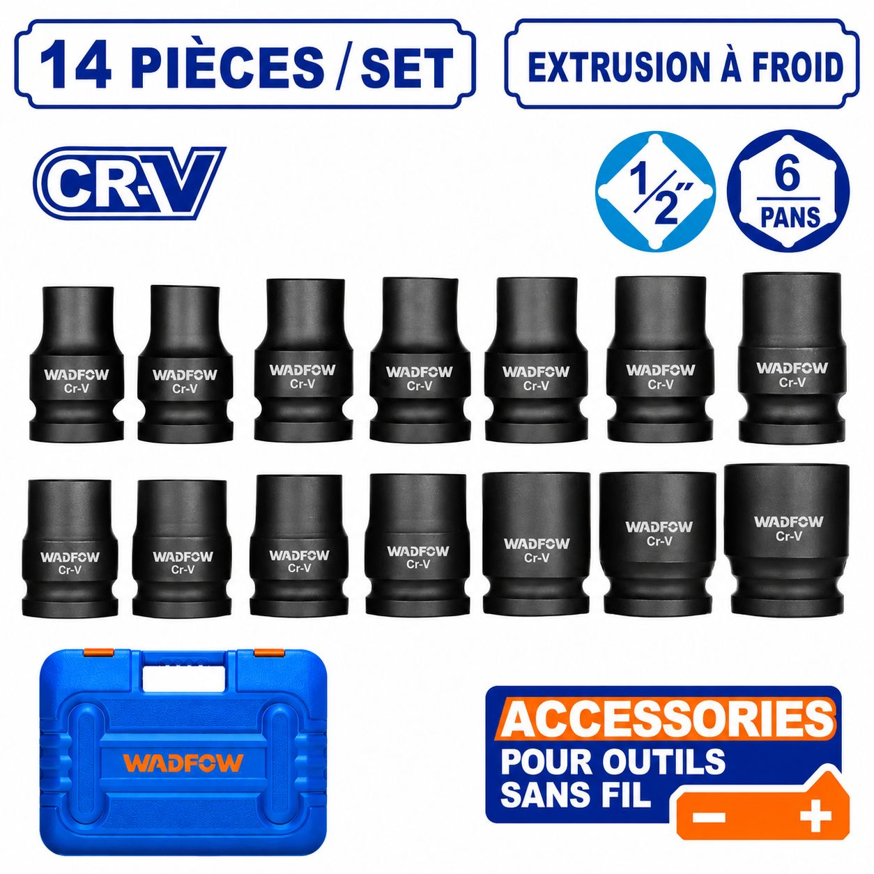 Coffret de 14 Douilles à Chocs 1/2" – 10 à 27 mm en Acier Cr-V WADFOW – Boncoin Tools Maroc