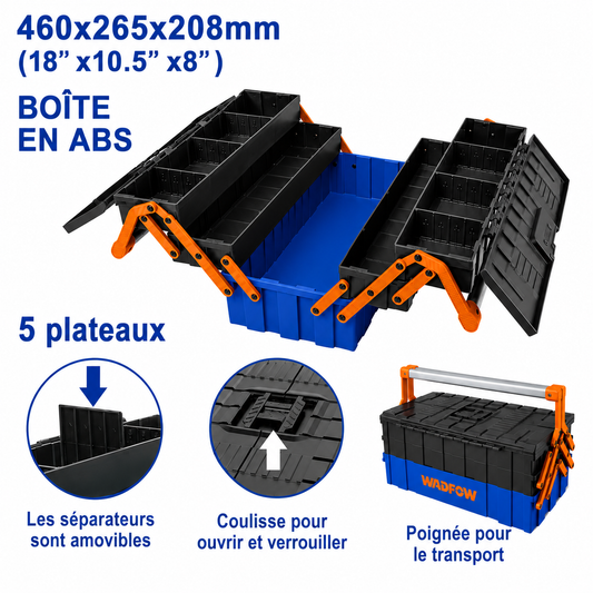 Boîte à Outils Professionnelle 5 Compartiments – 460 mm, Charge 35 kg WADFOW – Boncoin Tools Maroc