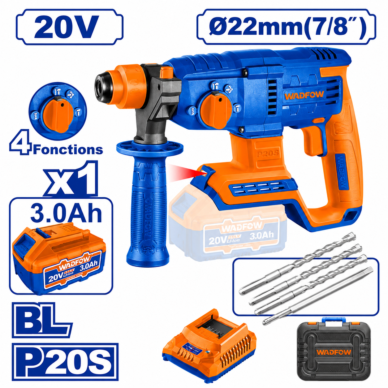 Marteau perforateur sans fil 20 V 52 Nm + 2 batteries et chargeur WADFOW – Boncoin Tools Maroc