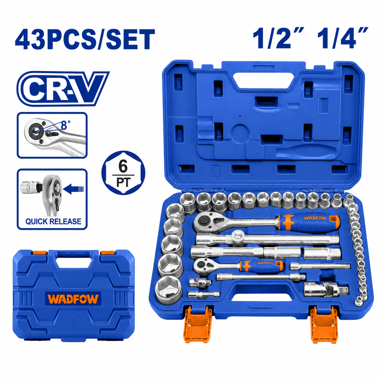 Coffret de douilles chromées 43 pièces (1/4" et 1/2") WADFOW – Boncoin Tools Maroc