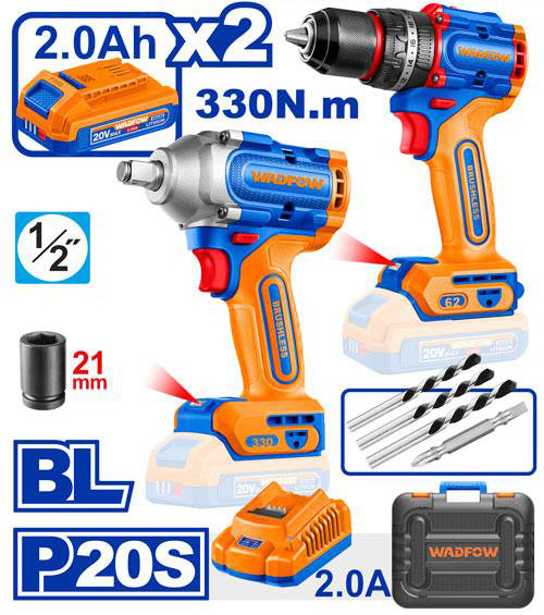 Pack WADFOW 20V Brushless: Perceuse-Visseuse + Clé à Chocs avec 2 Batteries 2.0Ah – Boncoin Tools Maroc