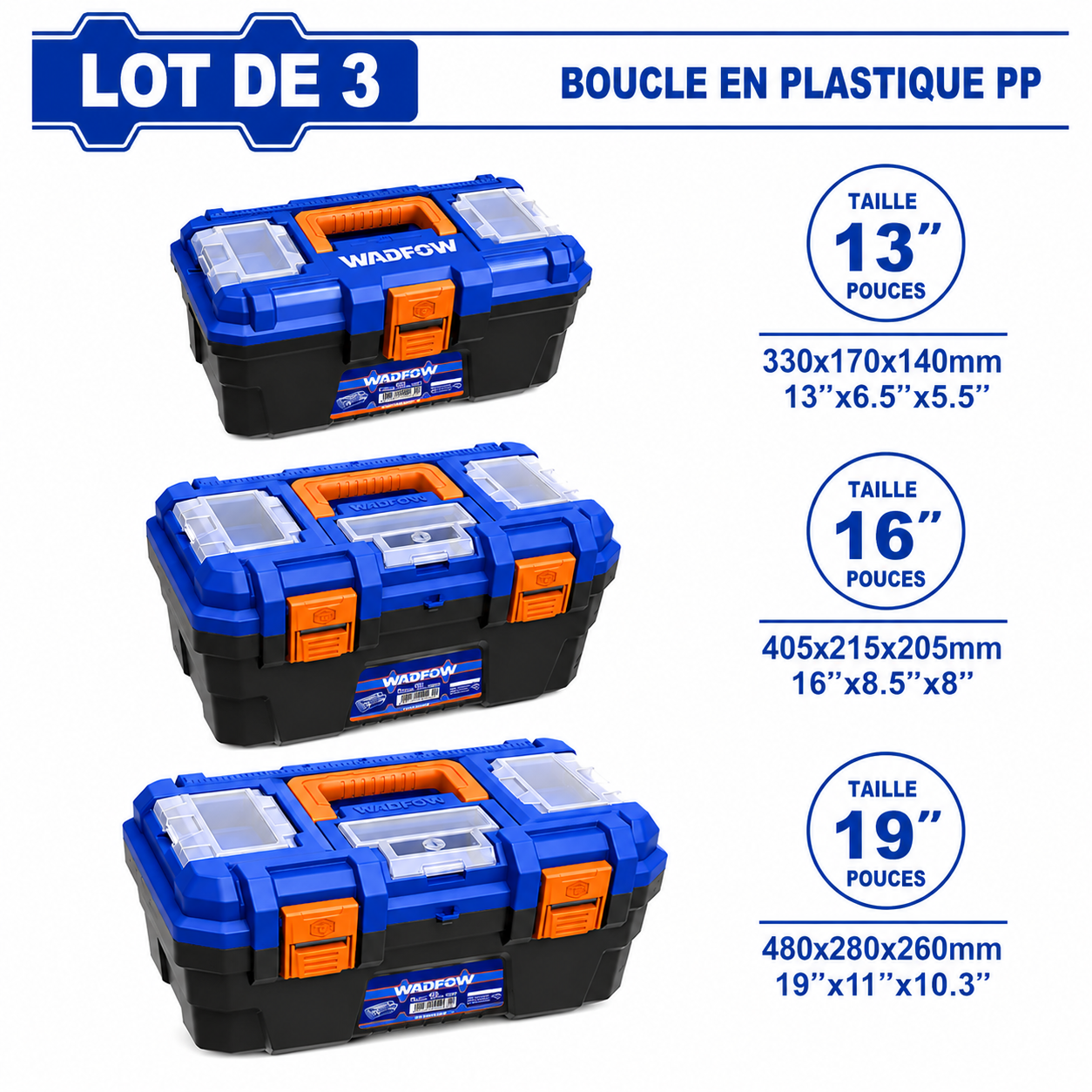 Jeu de 3 Boîtes à Outils en Plastique – 13", 16" et 19" WADFOW – Boncoin Tools Maroc