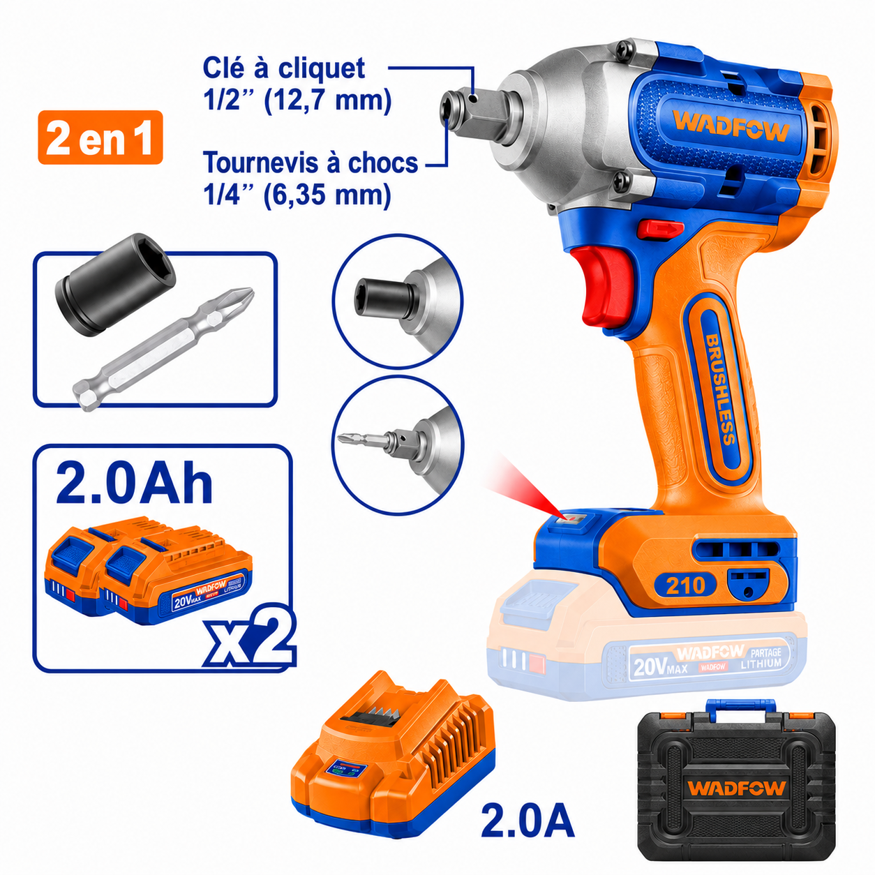 Clé à Chocs & Visseuse à Percussion 2-en-1 Sans Fil 20V Brushless avec 2 Batteries 2.0Ah WADFOW – Boncoin Tools Maroc